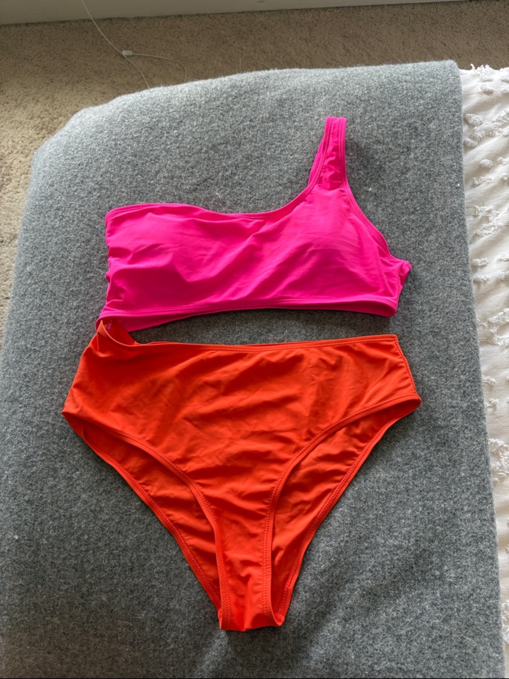 SHEIN Hot Pink and Orange One-Shoulder One-Piece Swimsuit